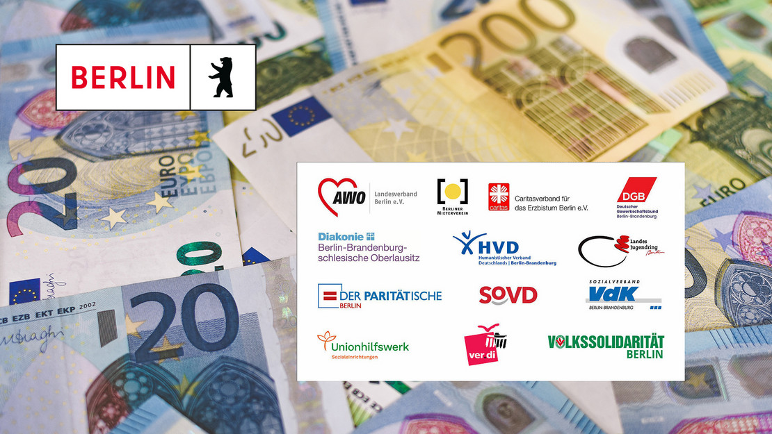 Geldscheine und Logos von den Bündnispartnern