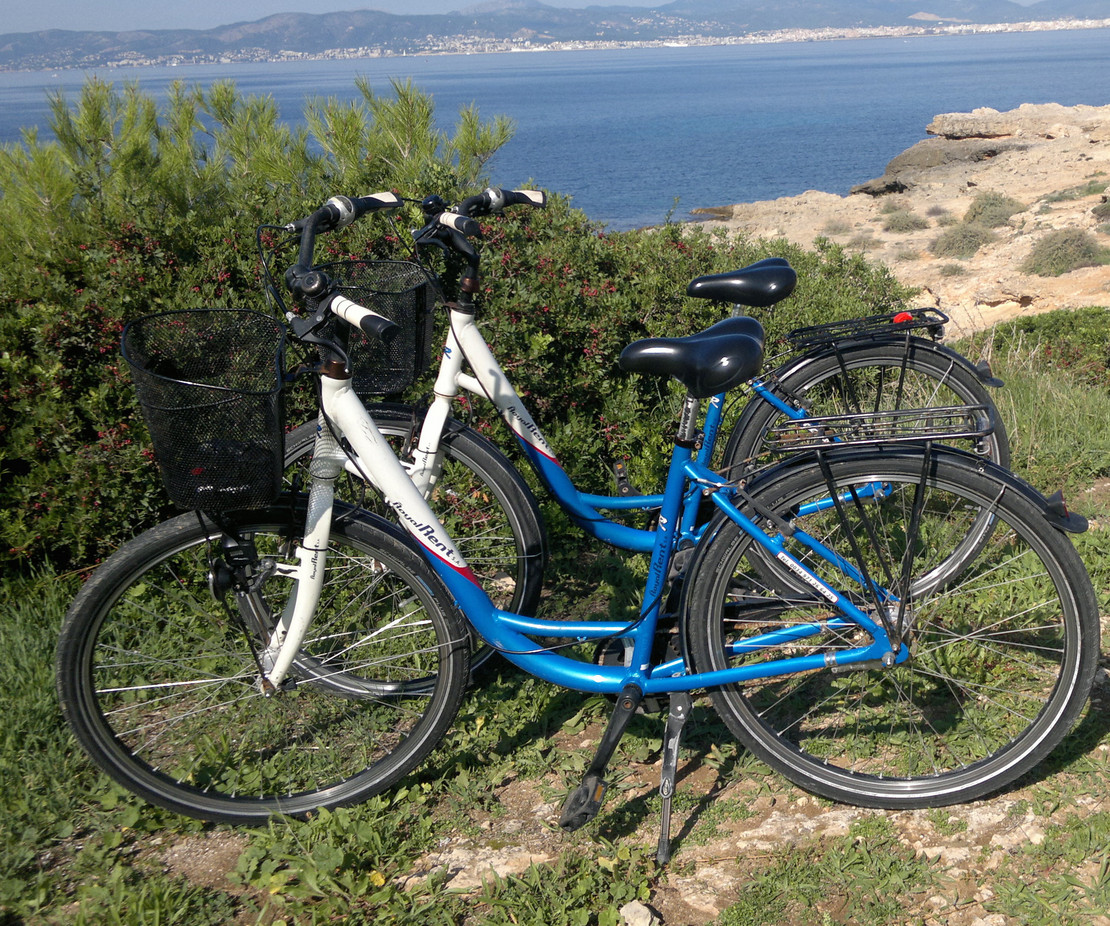Fahrräder abgestellt vor schöner Landschaft