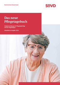 Cover des SoVD-Pflegetagebuchs. Selbsteinschätzung für Pflegebedürftige und ihre Angehörigen