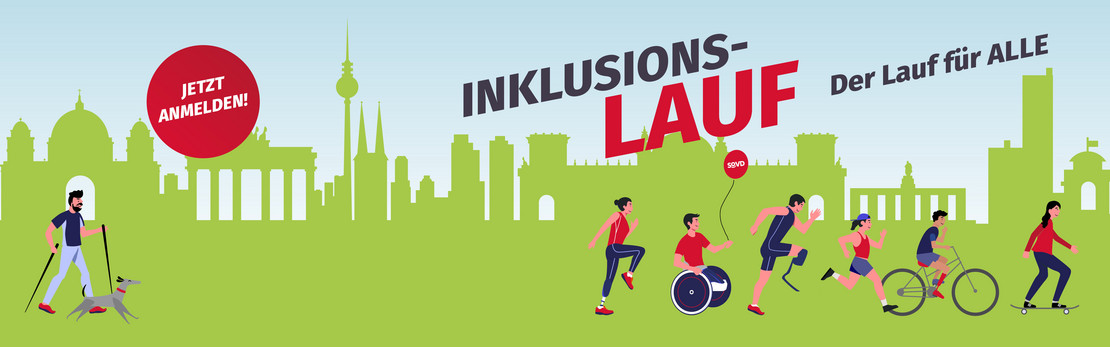 Grafik zum Inklusionslauf. Menschen mit verschiedenen Hilfsmitteln laufen vor der Silhouette von Berliner Wahrzeichen. 